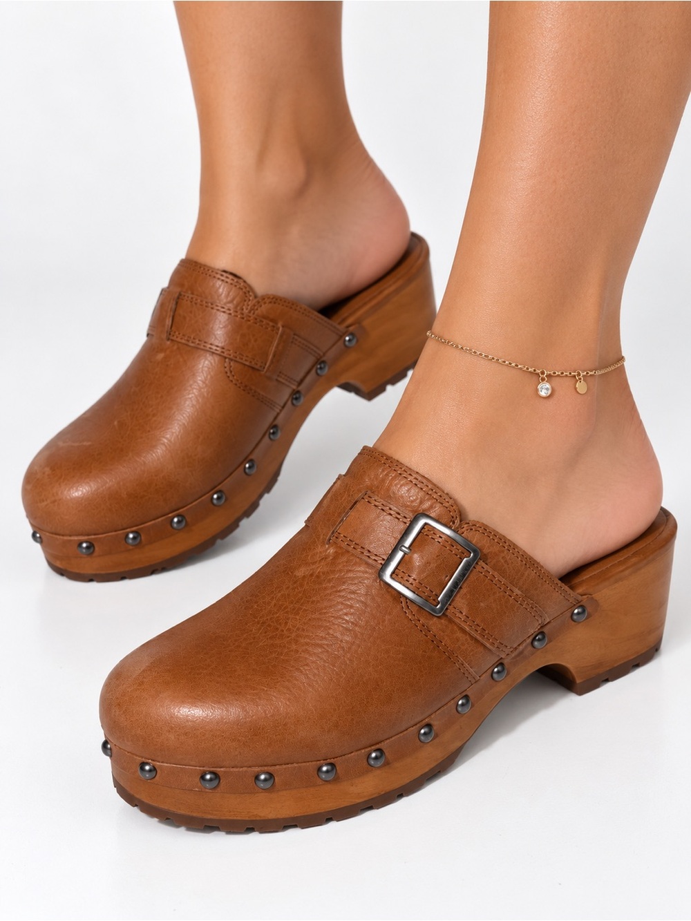 Lucky Brand Tan Brown Leather Clog Mules with Buckle Size 6.5